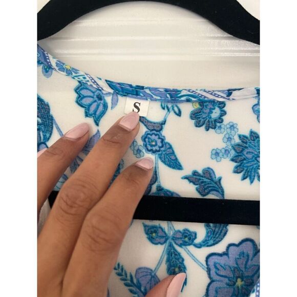 Blue Maxi Dress Tie Waist Button front v-neck paisley print vacation resort S - Picture 4 of 5